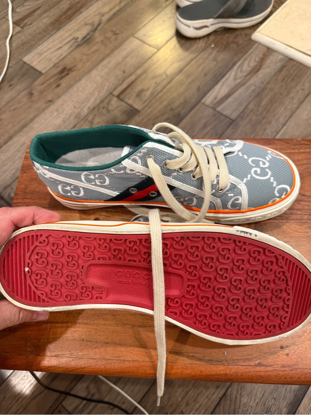 Gucci Mans tennis 1977 Gray GG Canvas Sneakers with Green Lining and Orange Trim - Picture 3 of 8